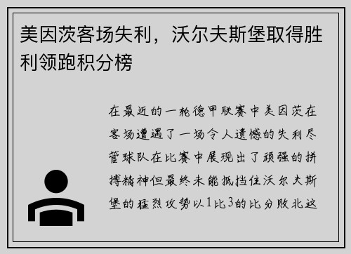 美因茨客场失利，沃尔夫斯堡取得胜利领跑积分榜