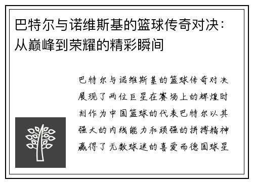 巴特尔与诺维斯基的篮球传奇对决：从巅峰到荣耀的精彩瞬间